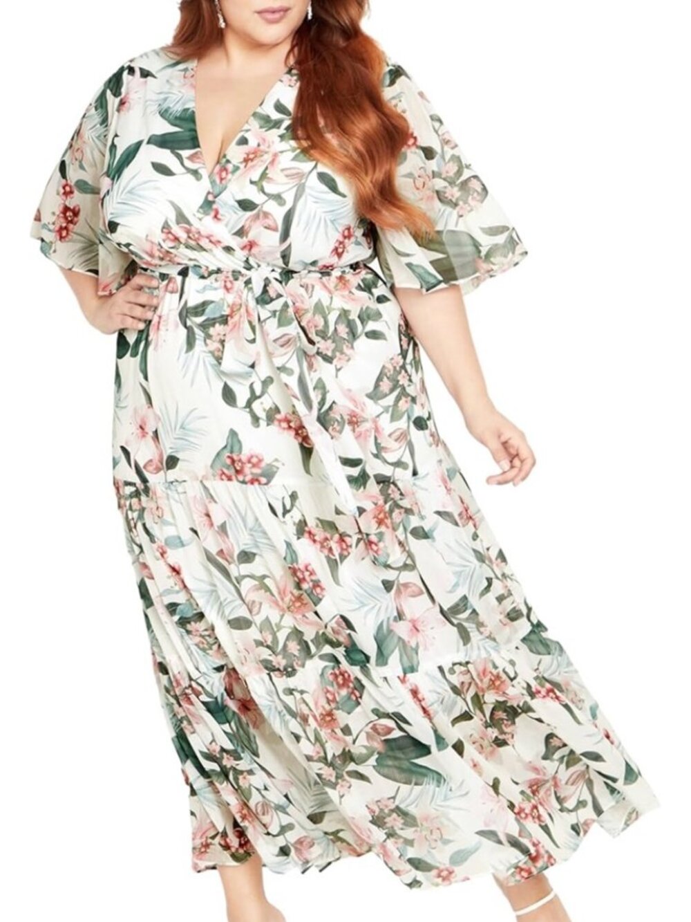 City Chic Penny Print Maxi Dress Ivory Tigerlily NWT | Floral Wrap Flutter Sleev